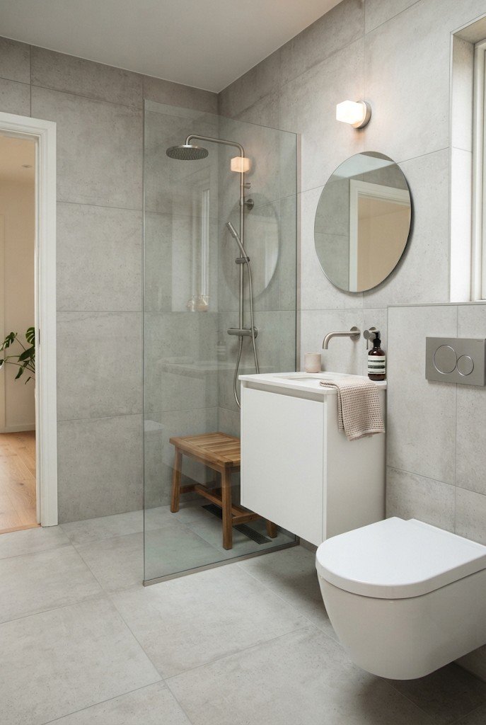 Curbless walk-in shower with a single fixed glass panel and large gray porcelain tile