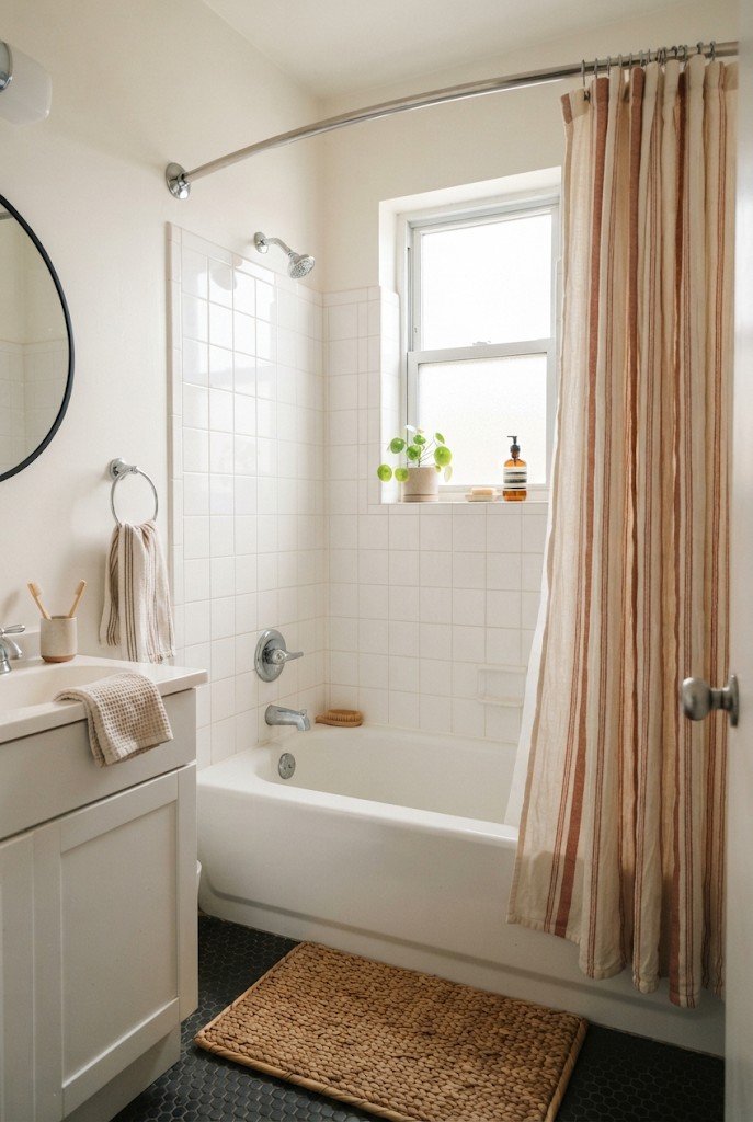 Tub shower with a curved rod near the ceiling and extra-long striped curtain