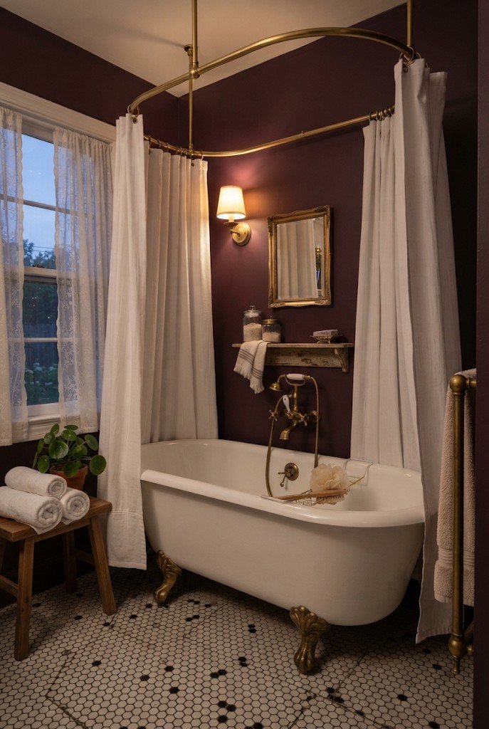 Clawfoot tub with a round ring shower rod and curtains in a plum-painted bathroom