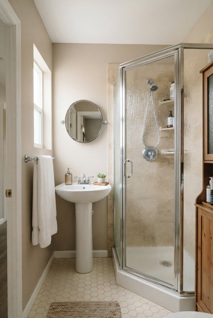 Neo-angle corner shower with frosted glass in a compact bathroom