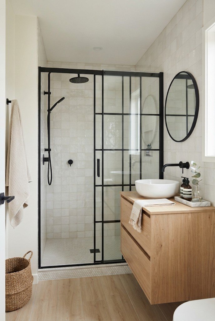Black-framed sliding glass shower door with white zellige tile
