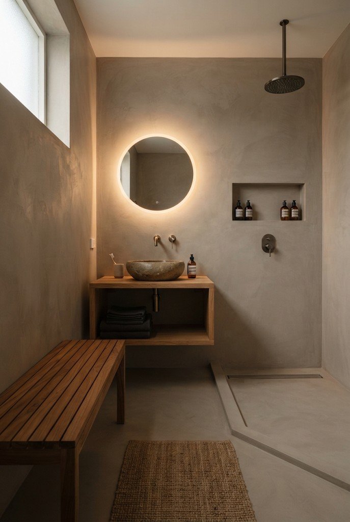 Open wet room shower in warm gray microcement with a teak bench