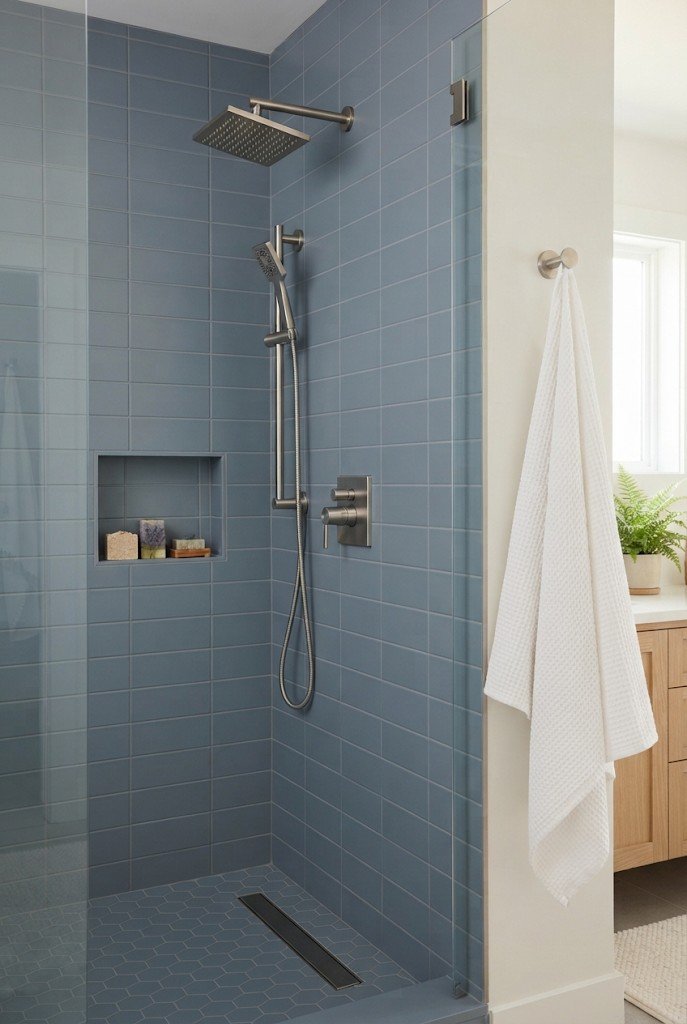 Rain shower head and handheld shower combo on slate blue tile