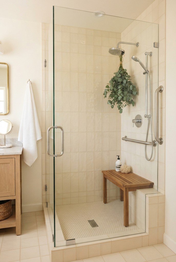 Walk-in shower with a teak bench and cream tile walls