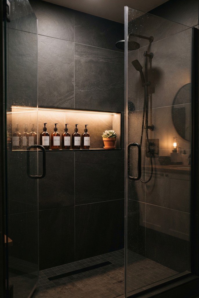 Charcoal tile shower with a long LED-lit niche holding bottles