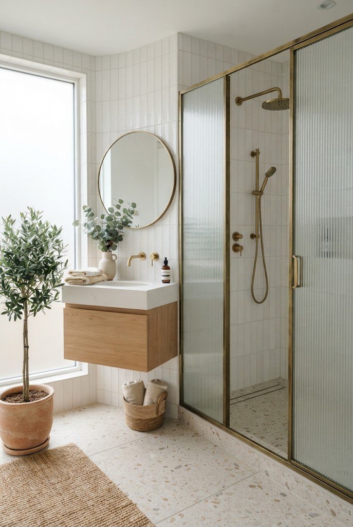 Reeded fluted glass shower enclosure in a bright white bathroom