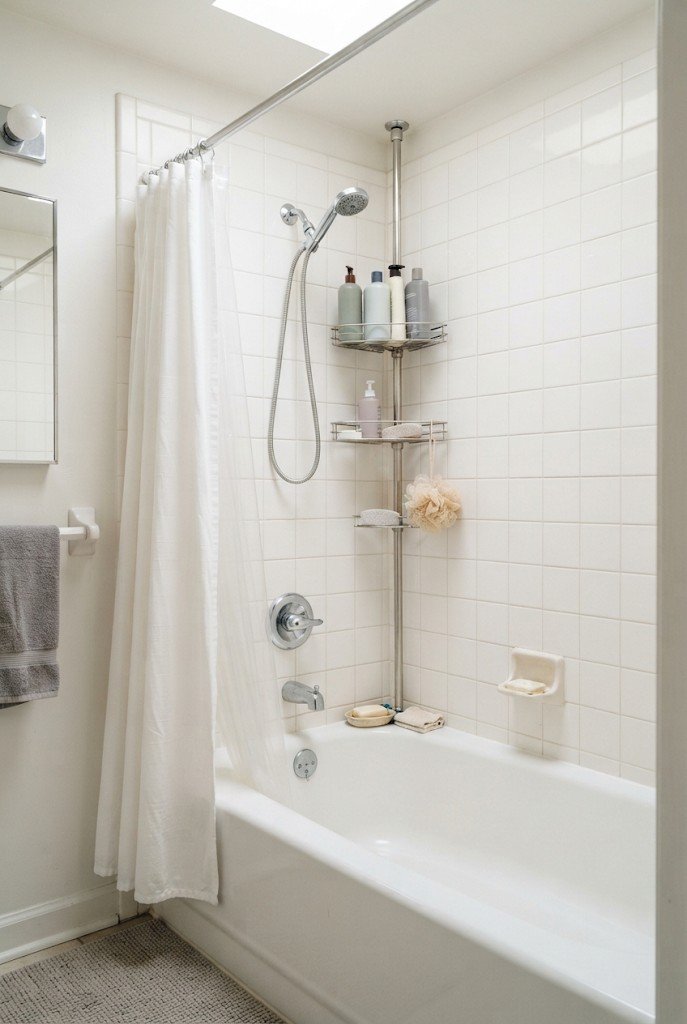Tension pole shower caddy in a white-tiled rental tub shower