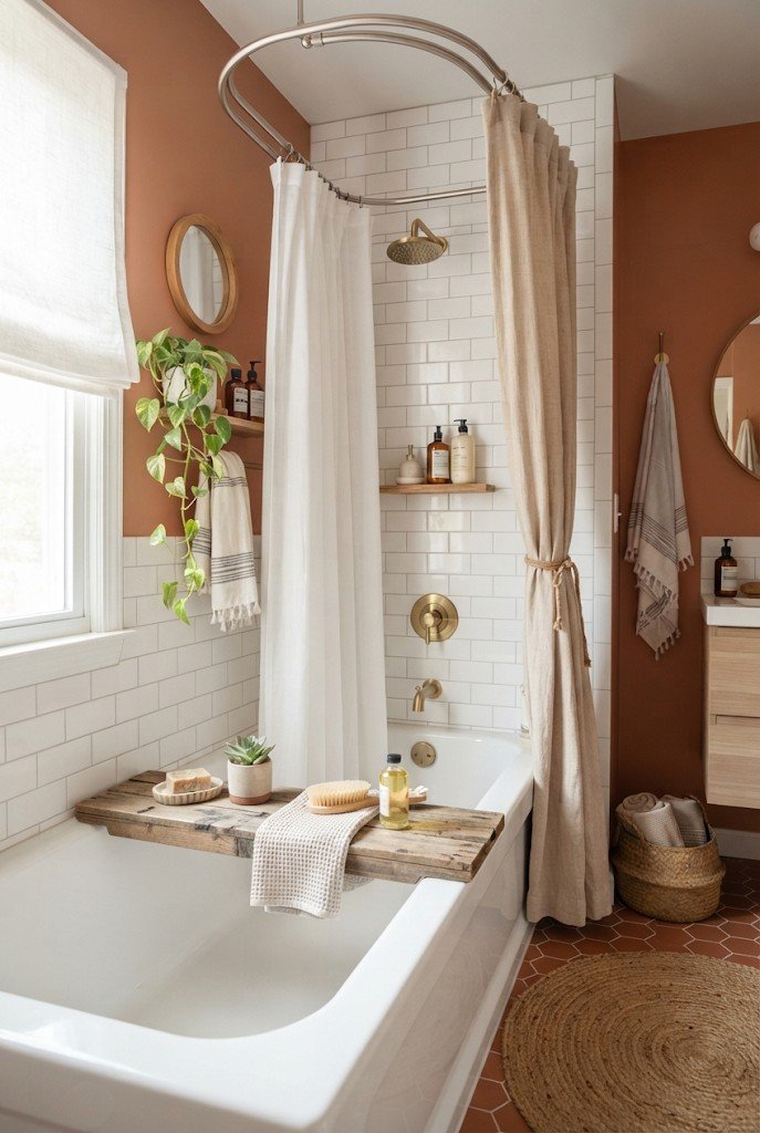 Double shower curtain with sheer white panel and sand linen curtain on a double rod