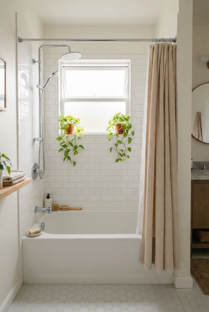 Shower with a window covered in frosted privacy film and plants on the sill