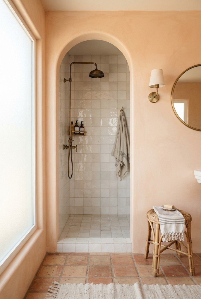Doorless walk-in shower with an arched entrance and peach plaster walls