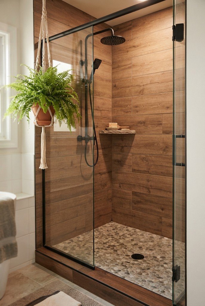 Pebble stone shower floor with wood-look porcelain wall tile
