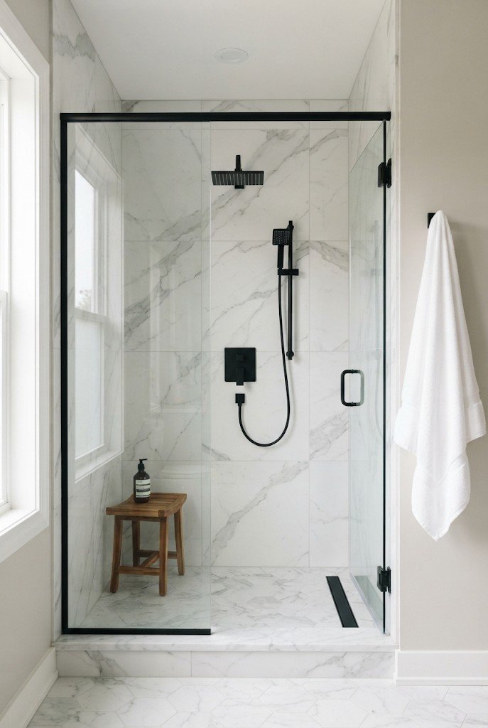 Shower with matte black fixtures on white marble-look porcelain tile