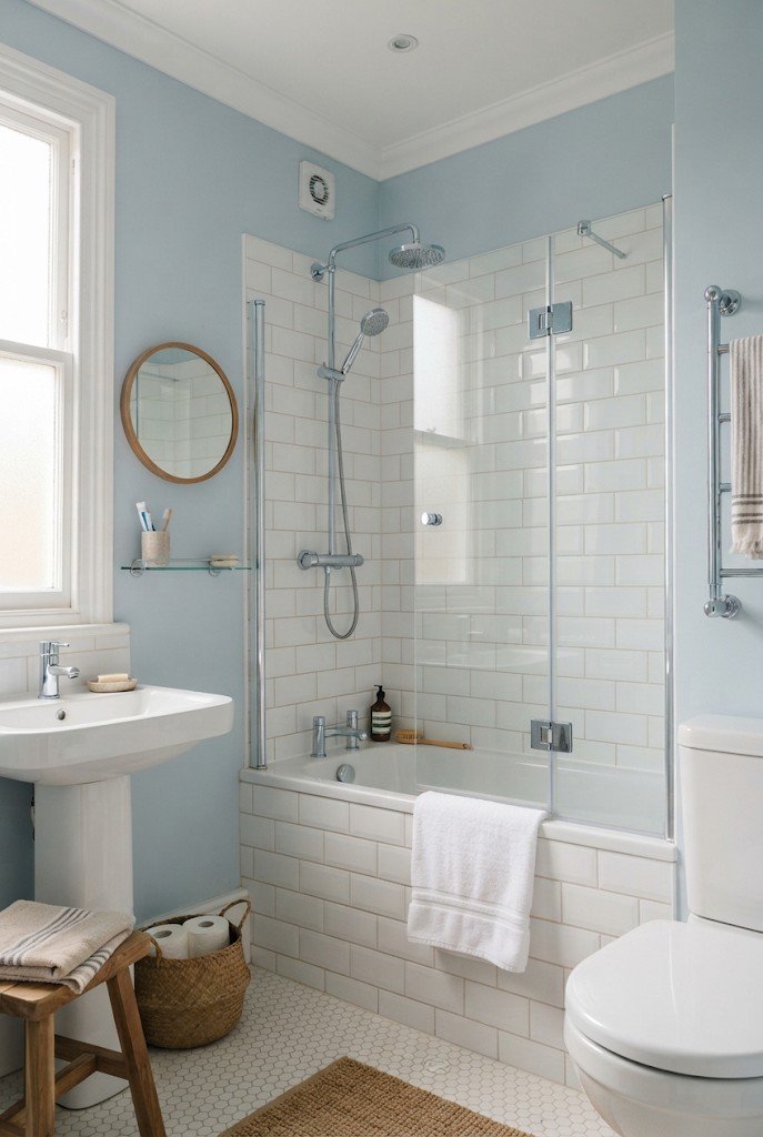 Bathtub with a half glass shower screen and pale blue walls