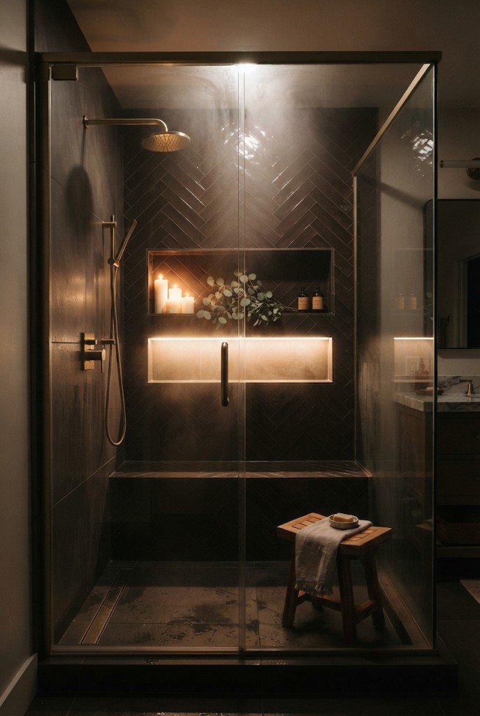 Dark tiled steam shower with glass to the ceiling and warm lighting