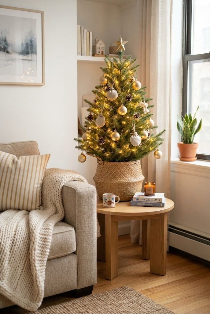 Tabletop Christmas tree with warm lights and gold ornaments in a woven basket on a round wood side table by a sofa