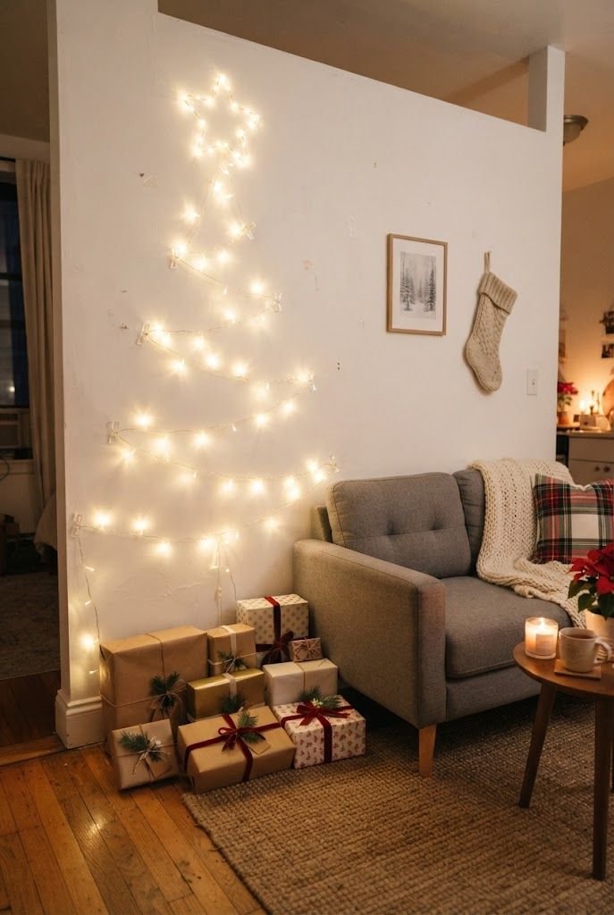 Christmas tree shape made of warm string lights on a white studio wall above wrapped gifts and a gray loveseat