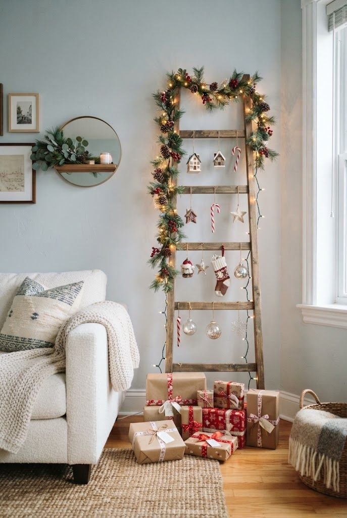 Wooden blanket ladder used as a Christmas tree with lit garland and red and white ornaments beside a white sofa