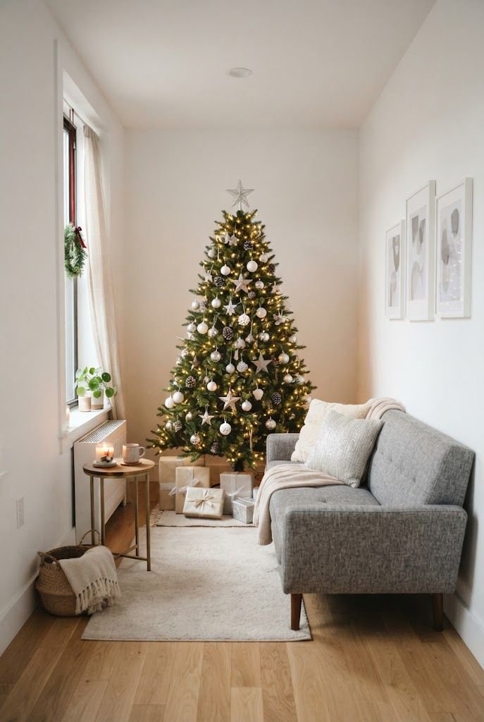 Christmas tree with white and silver ornaments set flush against the wall of a narrow white living room with a gray sofa