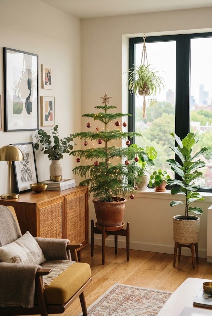Potted Norfolk Island pine with small red ornaments in a terracotta pot by a sunny window in a mid-century apartment