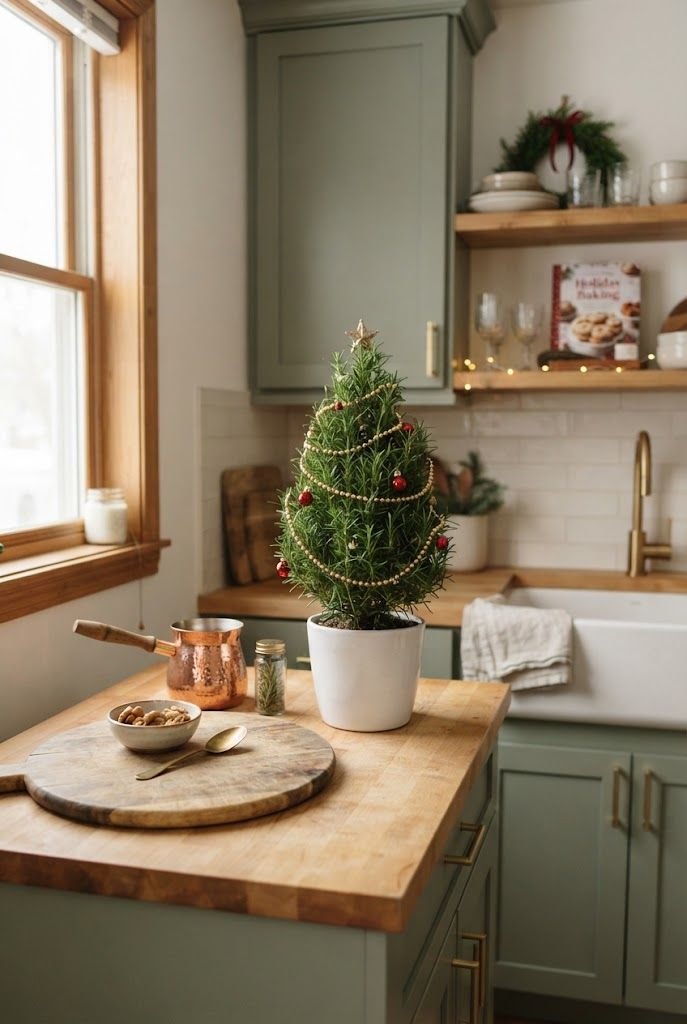 Rosemary topiary shaped like a mini Christmas tree with gold beads on a butcher block counter in a sage green kitchen