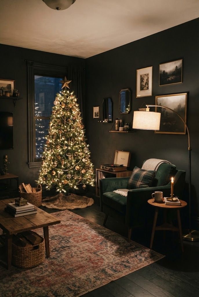 Slim Christmas tree glowing with warm lights in a dark charcoal apartment living room with a green velvet armchair