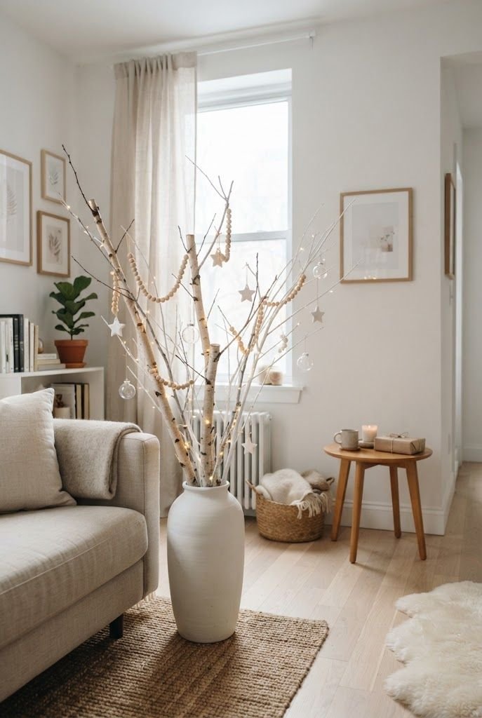 Birch branches in a tall white vase decorated with small white and wood ornaments in a bright Scandinavian living room