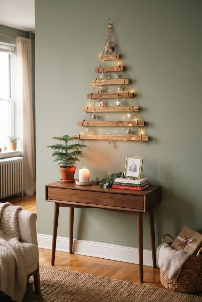 DIY wood slat Christmas tree hanging on a rope on a sage green wall above a walnut console table