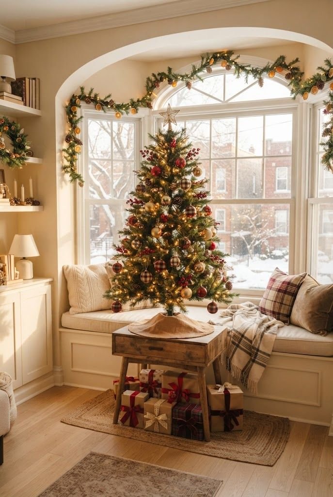 Small Christmas tree raised on a wooden stand in a bay window with gifts underneath and a cushioned window seat