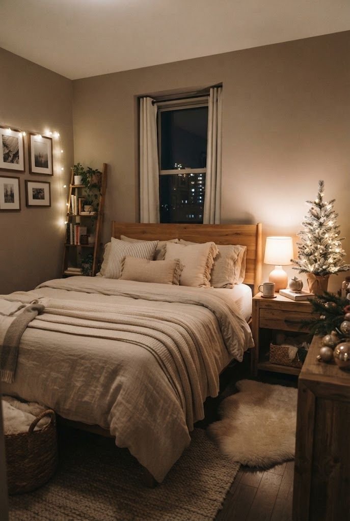 Flocked white mini Christmas tree with tiny lights on a nightstand in a cozy taupe apartment bedroom at night