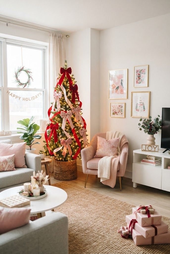 Slim Christmas tree decorated only with red and pink velvet bows and ribbon beside a blush armchair in a bright living room