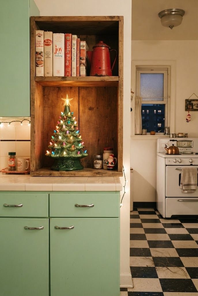 Vintage green ceramic light-up Christmas tree glowing on a wooden shelf in a retro mint green kitchen