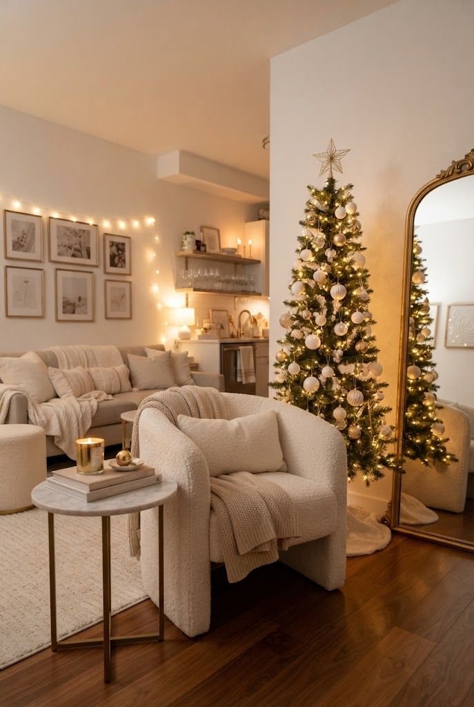 Slim pencil Christmas tree with white and gold ornaments beside a boucle chair and marble side table in a studio