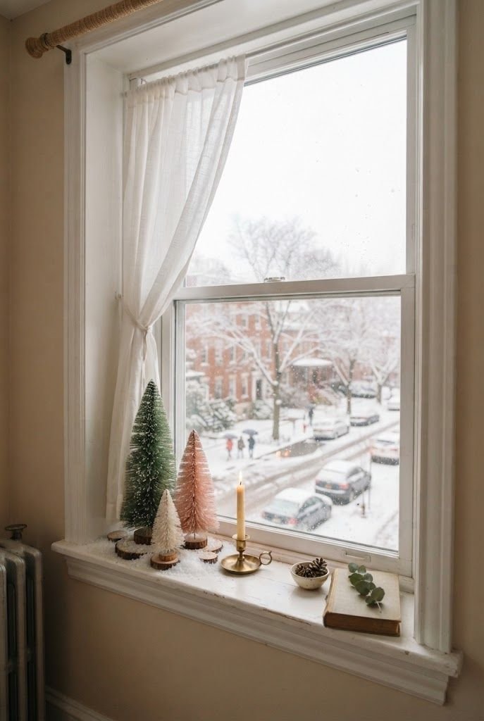 Green, pink and white bottle brush Christmas trees on a windowsill with a brass candle and a snowy street view
