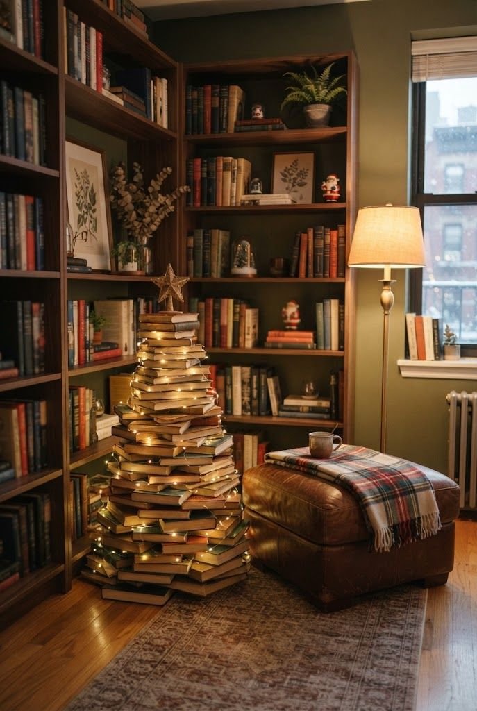 Christmas tree made of stacked books wrapped in warm lights with a gold star in a cozy apartment library corner
