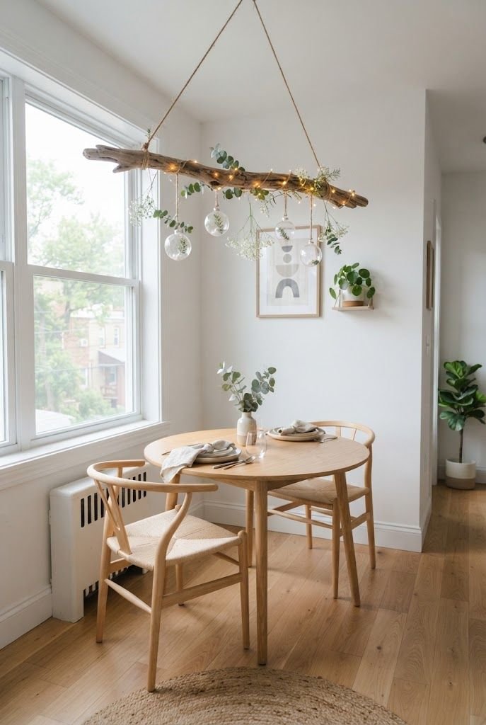 Driftwood branch hung from the ceiling with glass ornaments and fairy lights above a round wood dining table