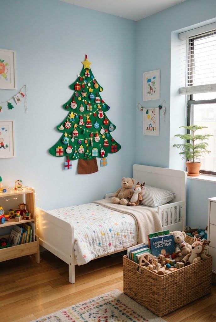 Green felt Christmas tree with colorful felt ornaments on a light blue wall in a kids apartment bedroom