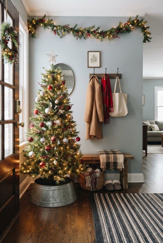 Pre-lit Christmas tree with red and silver ornaments in a galvanized metal collar in a gray-blue apartment entryway