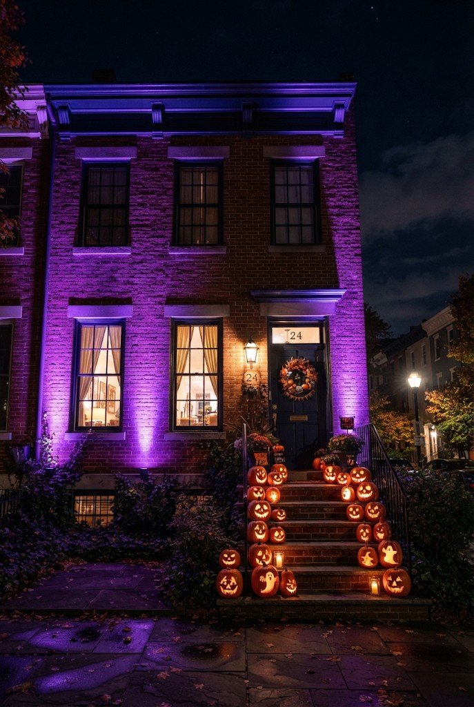 Townhouse facade lit with purple uplights at night