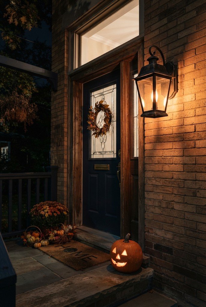 Porch light with a flickering flame LED bulb at night