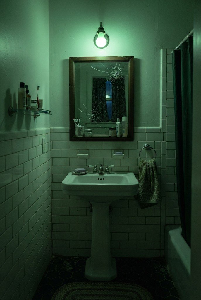 Bathroom lit with an eerie green light