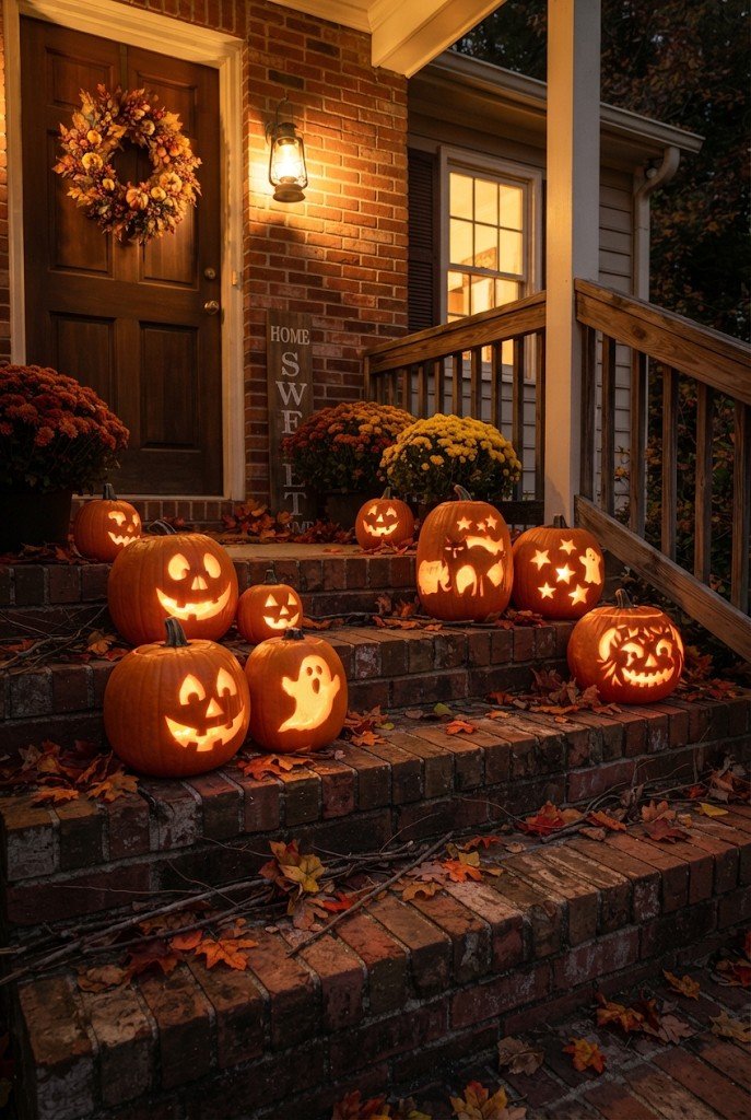 Group of carved jack-o'-lanterns glowing on porch steps
