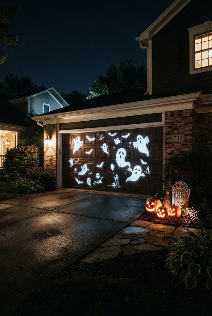 Halloween projector showing ghosts on a garage door at night