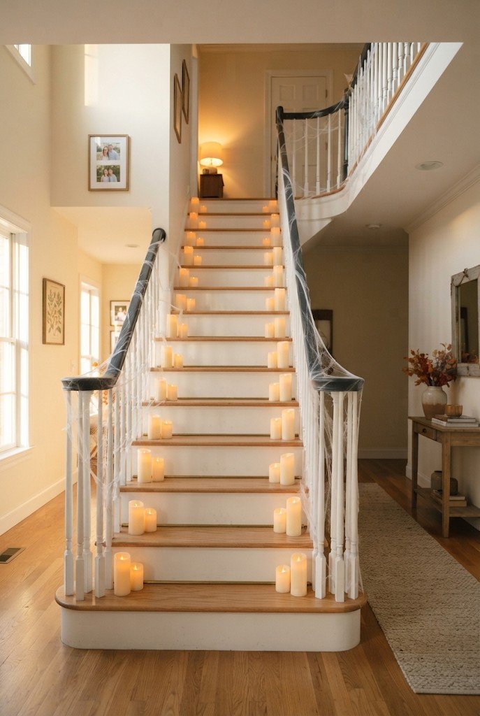 Staircase with LED candles on every step and faux cobwebs