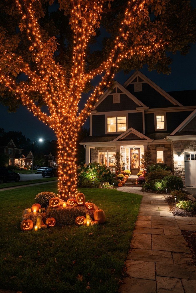 Front yard tree wrapped in orange string lights at night