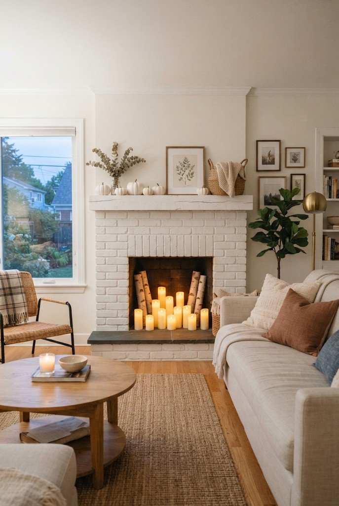 Non-working fireplace filled with flameless LED pillar candles glowing at night