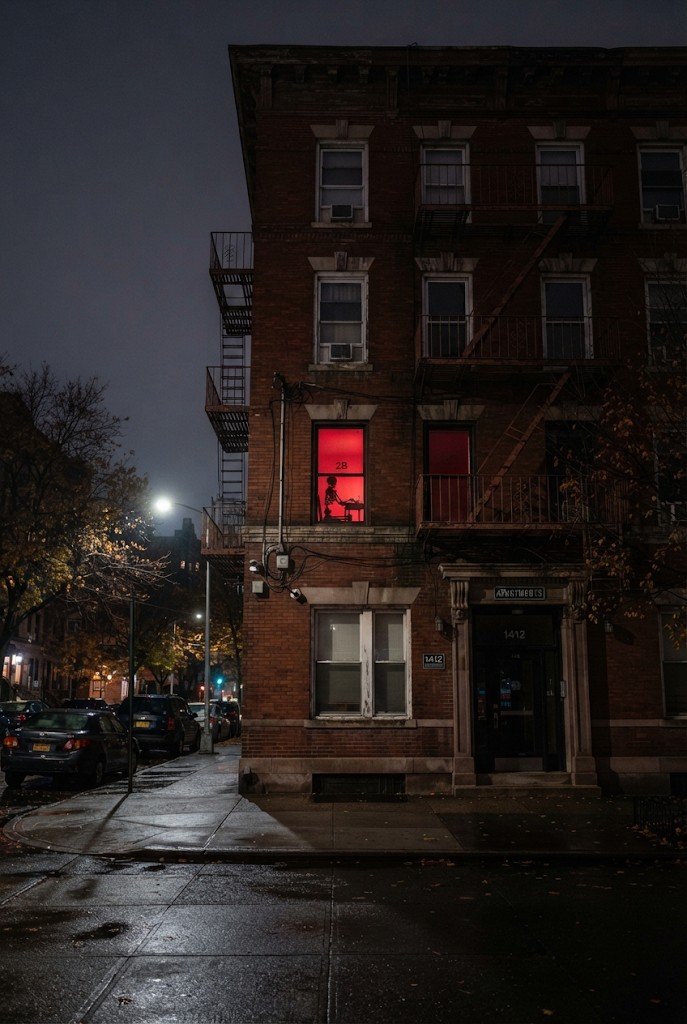 Red glowing window of an apartment at night