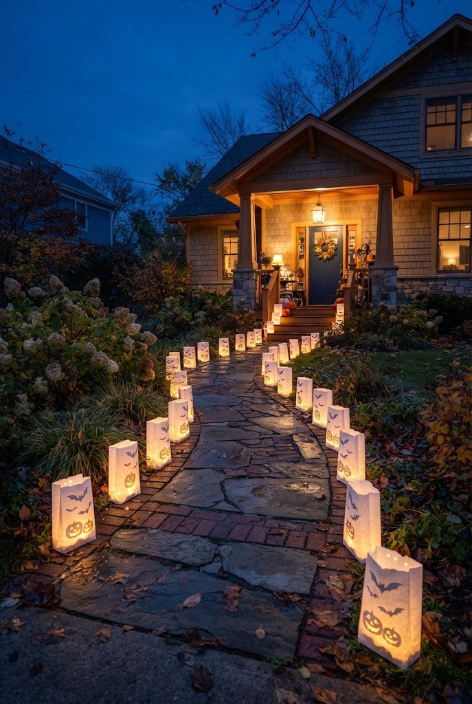 Paper bag luminaries lining a walkway with spooky cutouts at night