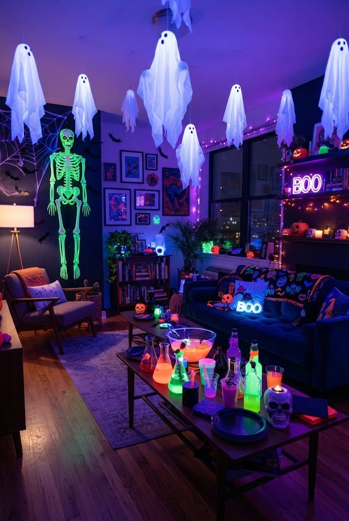 Room lit with black light making white decor and neon glow