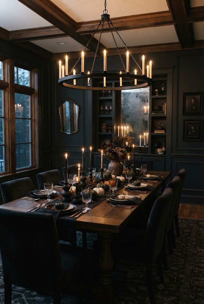 Gothic candle chandelier with LED tapers over a dining table