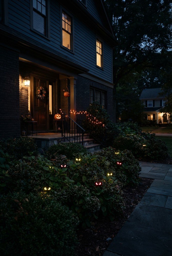 Glowing eyes peering from bushes at night